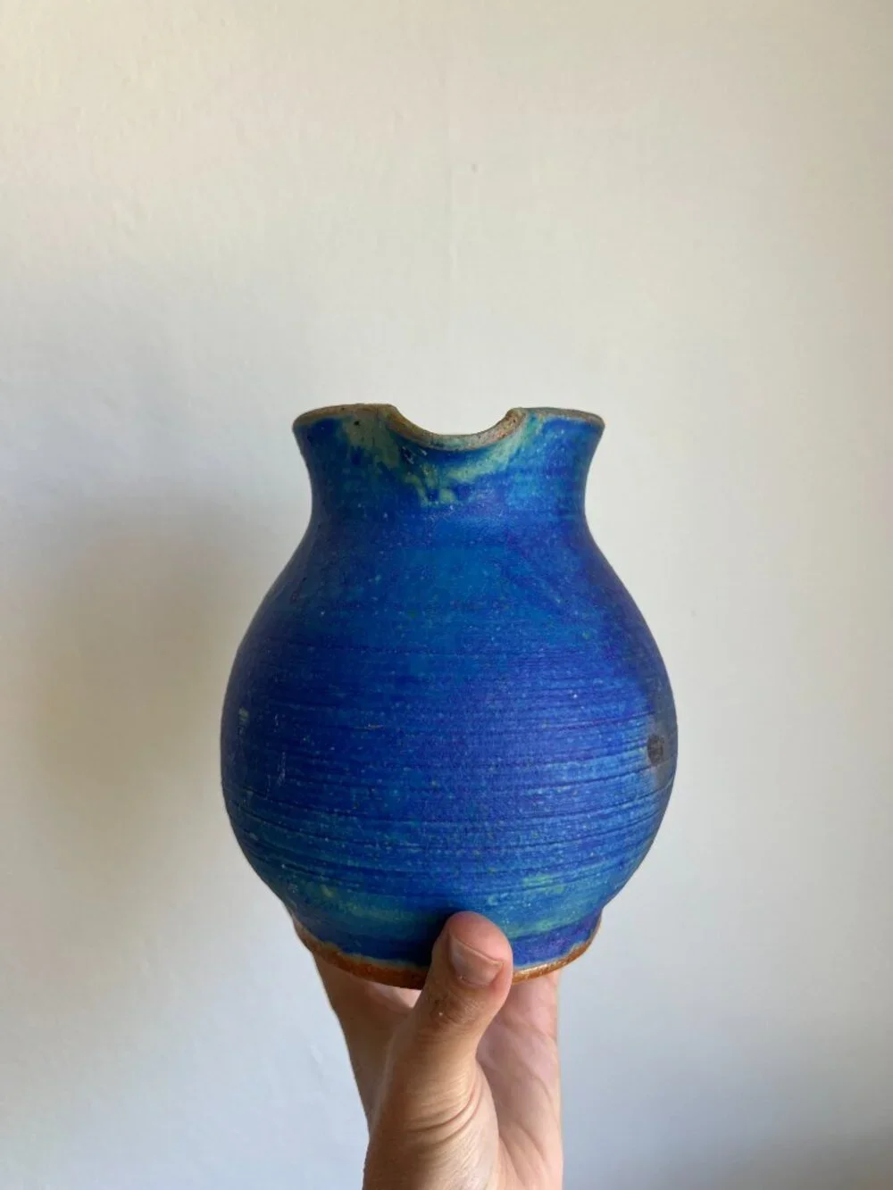 Vintage Studio Pottery Cerulean Blue Pitcher Vase Signed Hand Thrown Stoneware